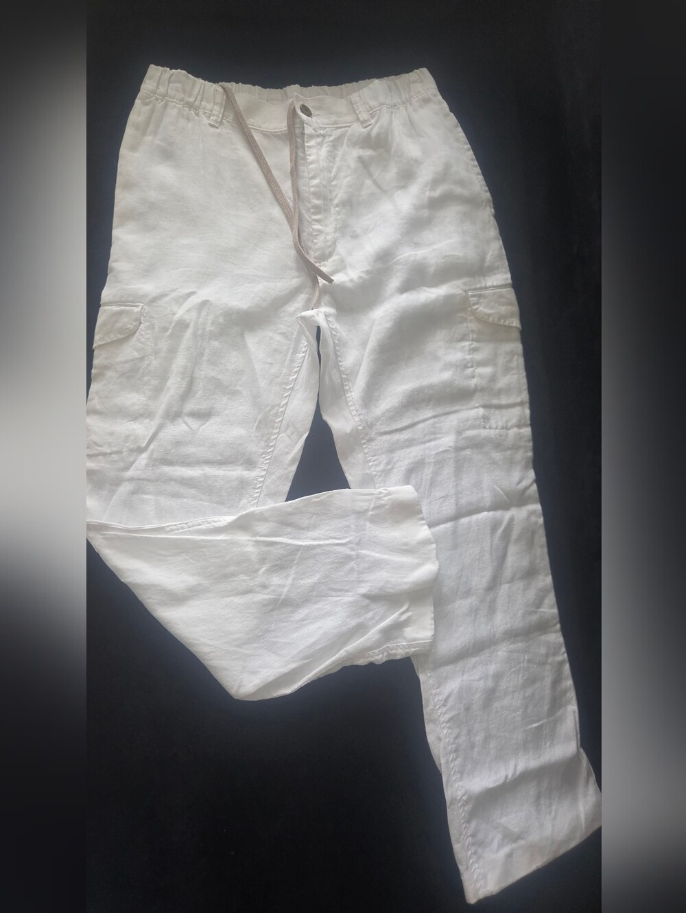 Caribbean Cargo Pants Mens 34X34 White 100% Linen Straight Leg Utility Gorpcore